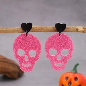 NWT! Pink and Glittery Halloween Holiday Skull Pierced Post Dangle Earrings!